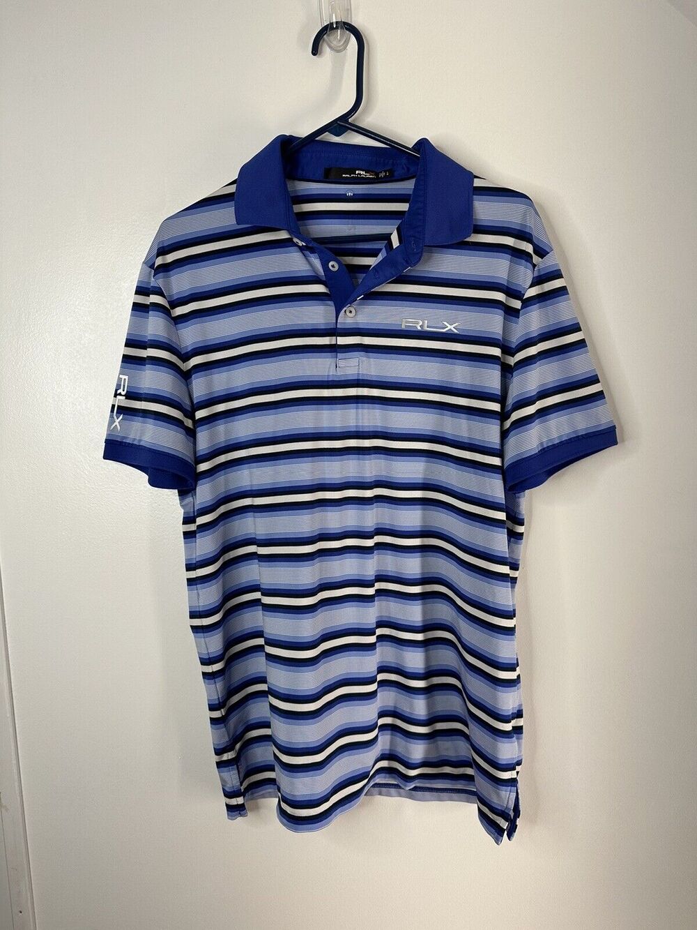 Ralph Lauren RLX Mens Large Royal Blue Stripe Polo Moisture Wicking Active Top